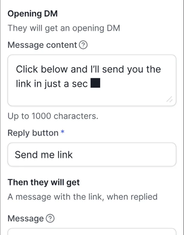 The opening DM and its button. The link follows when they tap.