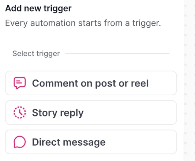 Choosing a trigger in Happilee: comments, story replies or direct messages.