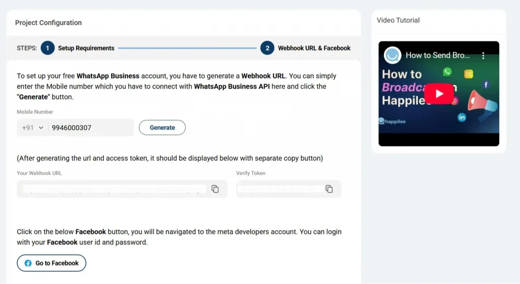 WhatsApp Business account setup page with a token generation step