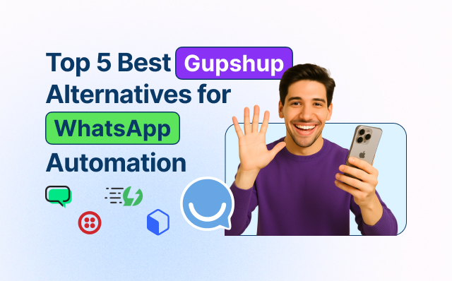 Illustration showing the top 5 Gupshup alternatives in 2025 – Happilee, Wati, Aisensy, Gallabox, and Twilio – compared for WhatsApp automation