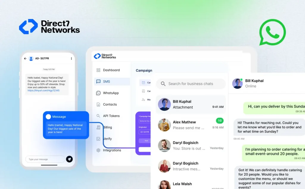 Direct7 Networks messaging automation platform dashboard showing WhatsApp and SMS communication tools