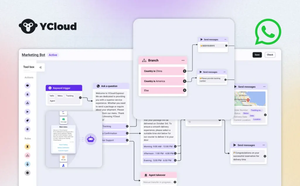YCloud WhatsApp messaging API dashboard for automation, messaging infrastructure, and chatbot workflow management