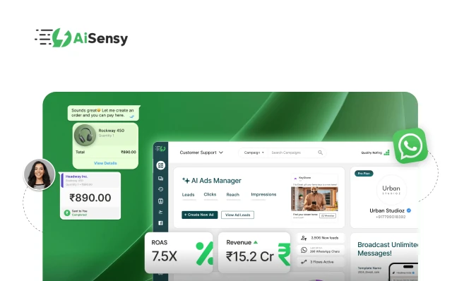 AiSensy dashboard showing WhatsApp broadcast campaigns and Click-to-WhatsApp ad analytics