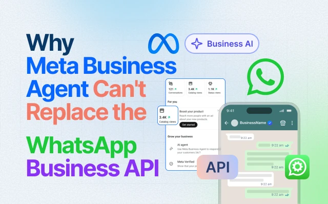 Comparison graphic showing Meta Business Agent inside the WhatsApp Business app versus the WhatsApp Business API platform from Happilee