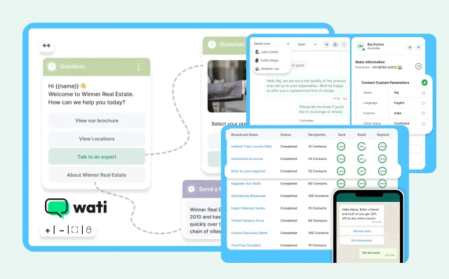 Wati dashboard showing WhatsApp shared team inbox, broadcasts and no-code chatbot workflow