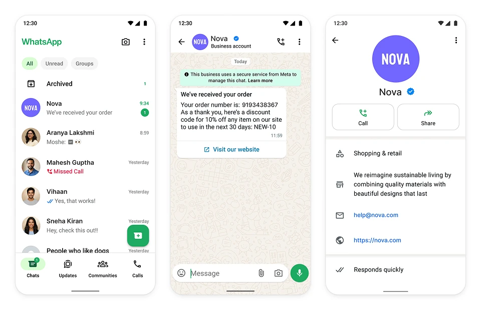 Three WhatsApp screens showing an OBA (Official Business Account) example — chat list with verified checkmark, order confirmation conversation, and business profile page for Nova