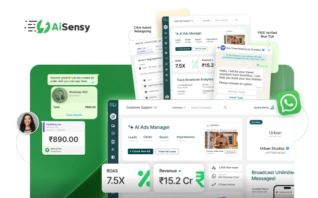 AiSensy WhatsApp Business API dashboard with the Click-to-WhatsApp Ads Manager and broadcast campaign analytics