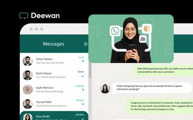 Deewan WhatsApp Business API shared inbox with Arabic conversational AI handling customer messages in Saudi Arabia