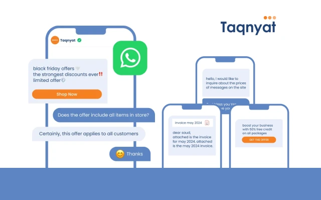 Taqnyat WhatsApp Business API interface showing promotional messages and invoicing for a Saudi Arabian business