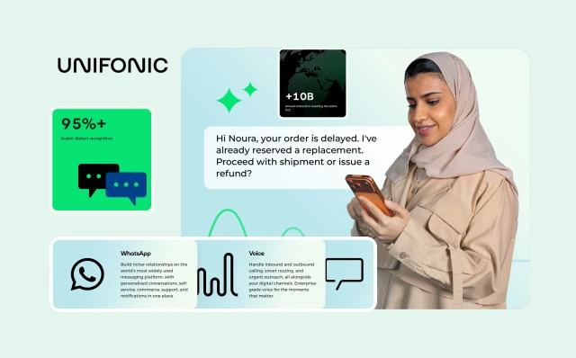 Unifonic WhatsApp and voice messaging platform with Arabic dialect recognition serving a customer in Saudi Arabia