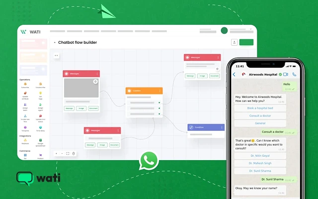 Wati WhatsApp Business API chatbot flow builder with a hospital appointment booking conversation on a smartphone