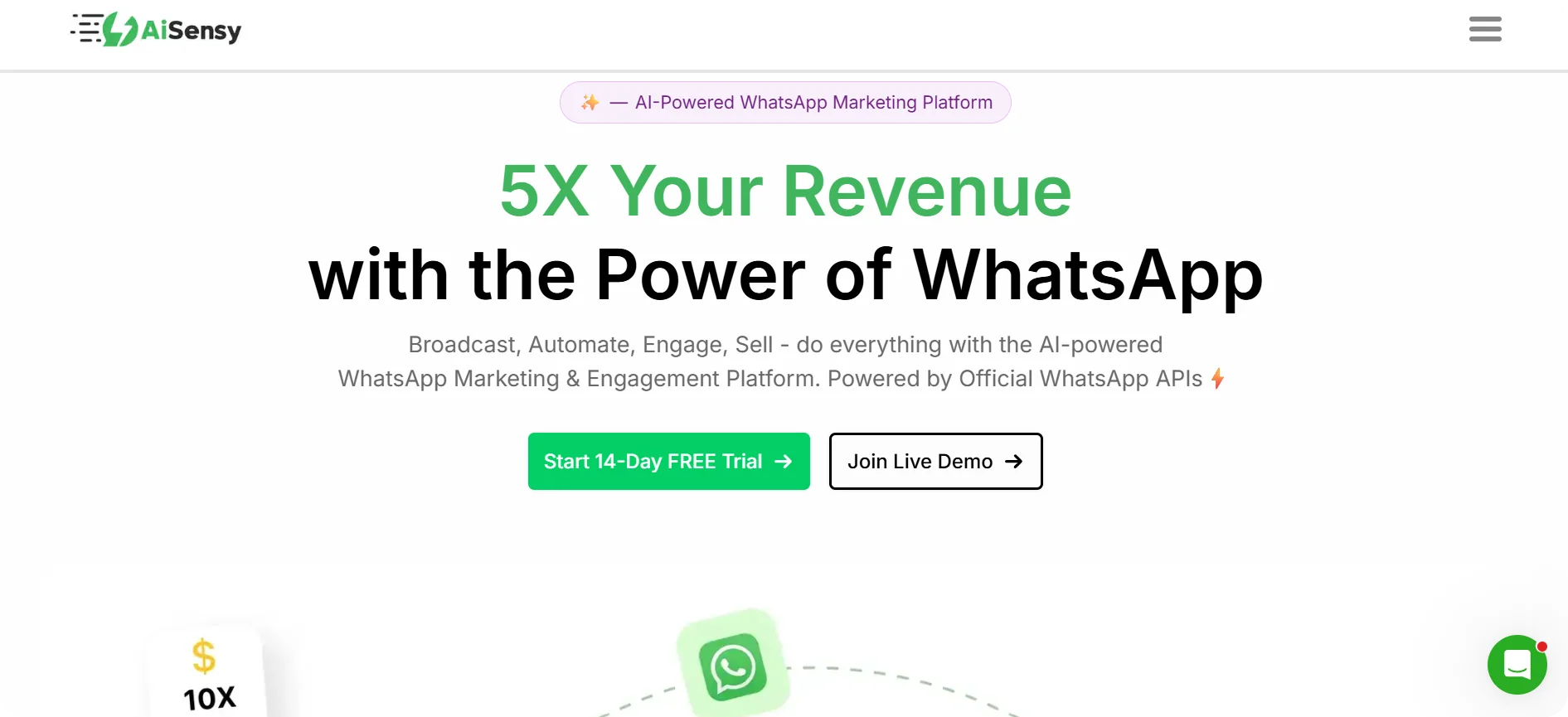 AiSensy homepage — WhatsApp marketing and broadcast platform for e-commerce