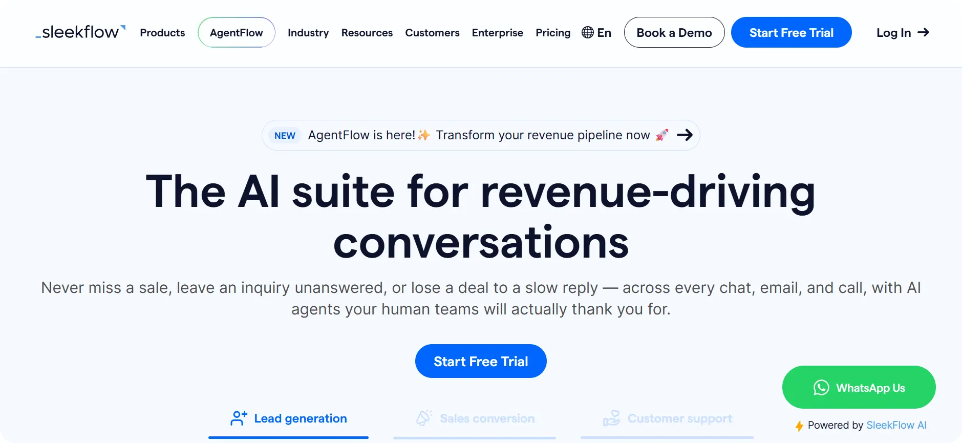 SleekFlow homepage — omnichannel WhatsApp and social messaging platform
