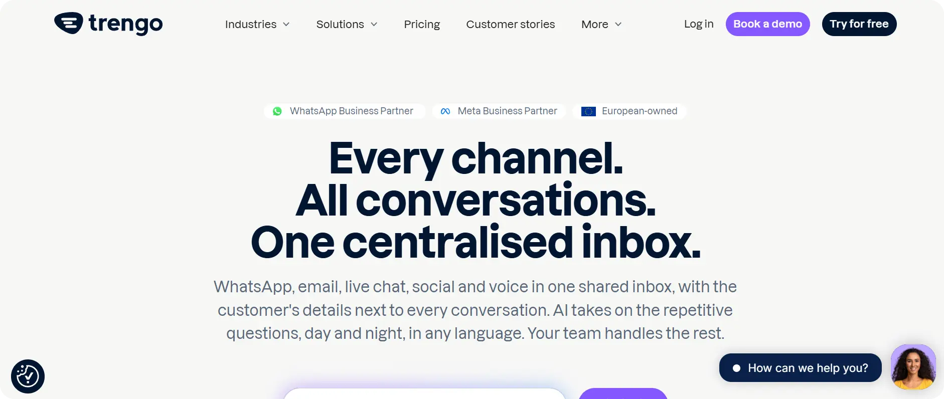 Trengo homepage — unified inbox for WhatsApp, email, and live chat