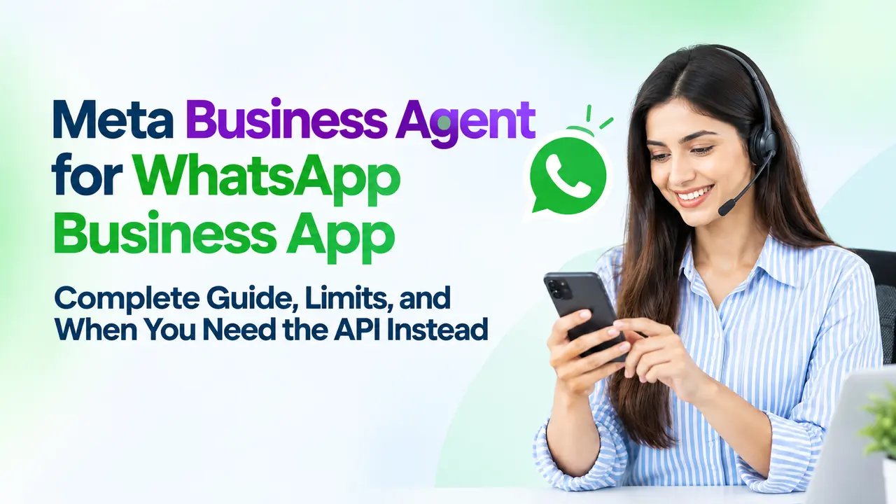miling woman with a headset replying on WhatsApp via phone, next to “Meta Business Agent for WhatsApp Business App” guide headline