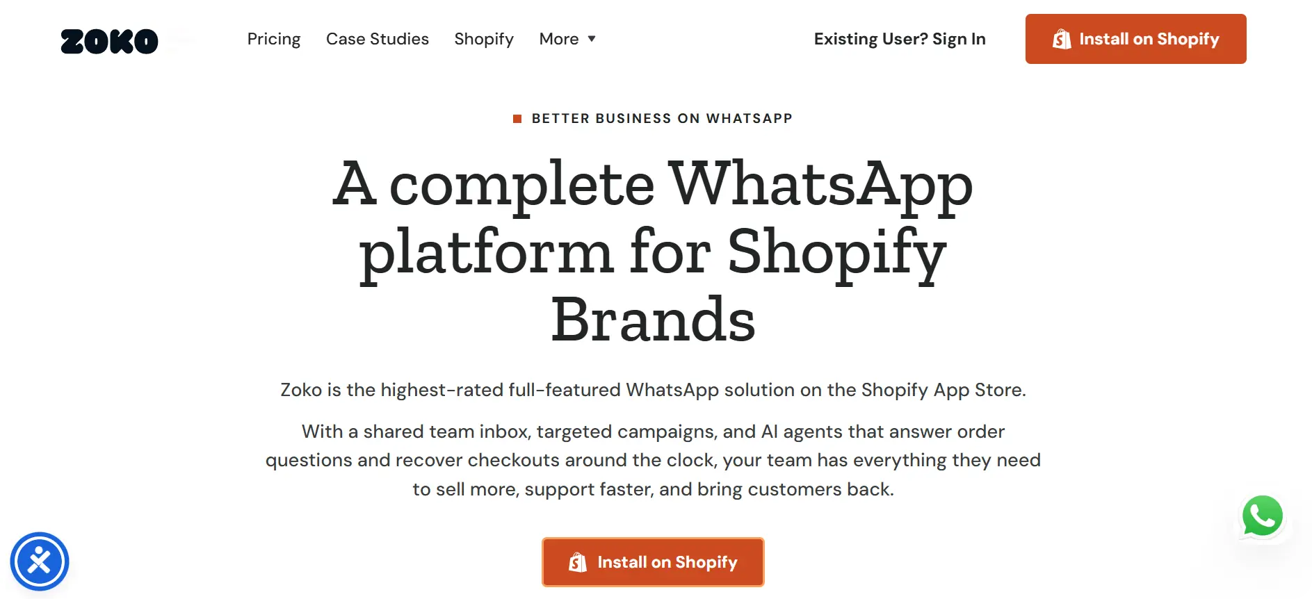 Zoko homepage — WhatsApp commerce platform built for Shopify stores